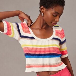 Maeve by ANTHROPOLOGIE Striped Scoop Neck Short Sleeve Sweater - White Multi
